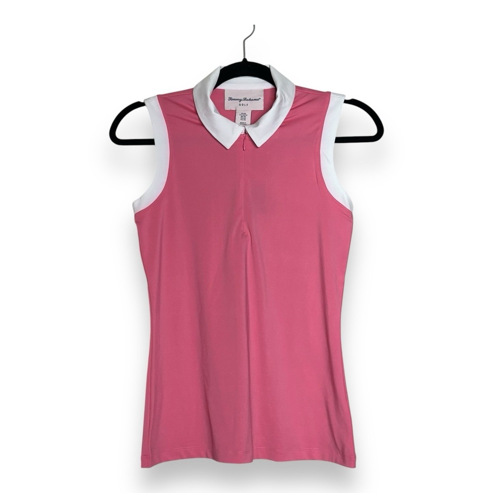 Tommy Bahama Women's‎ XS Golf Polo Sleeveless Collared Zip Up Pink White UPF New